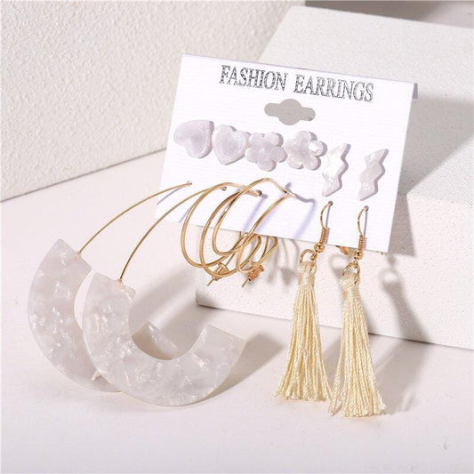 Stylish Off White Acrylic Cute Golden Earrings Set of 6 Pair For Women