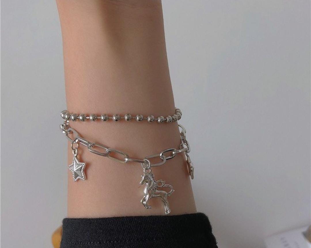 Yu Fashions 2 layered Unicorn Star Charm Link Chain Stainless Steel Multilayered Korean Bracelet