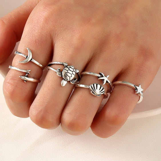 Yu Fashions Cute Beach, Dolphin, Turtle, Moon Star, Starfish Ring Set of 6