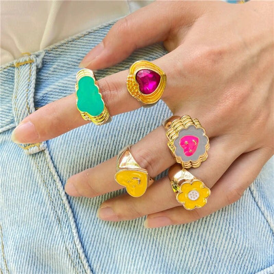 Yu Fashions Heart Cloud Flower Smiley Korean Ring set of 5