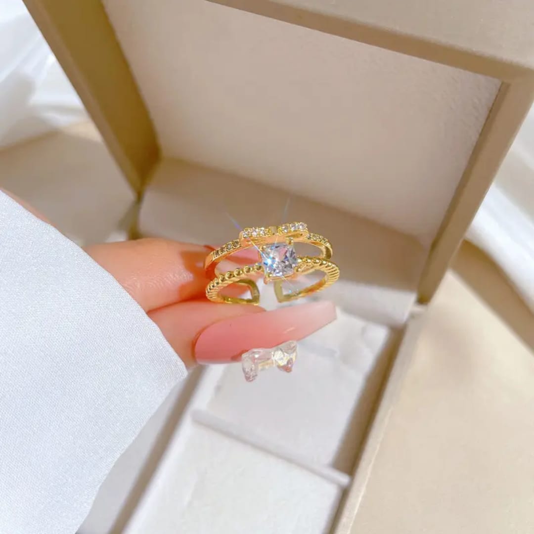 Yu Fashions Adjustable Golden Crystals Double Layered Korean Ring