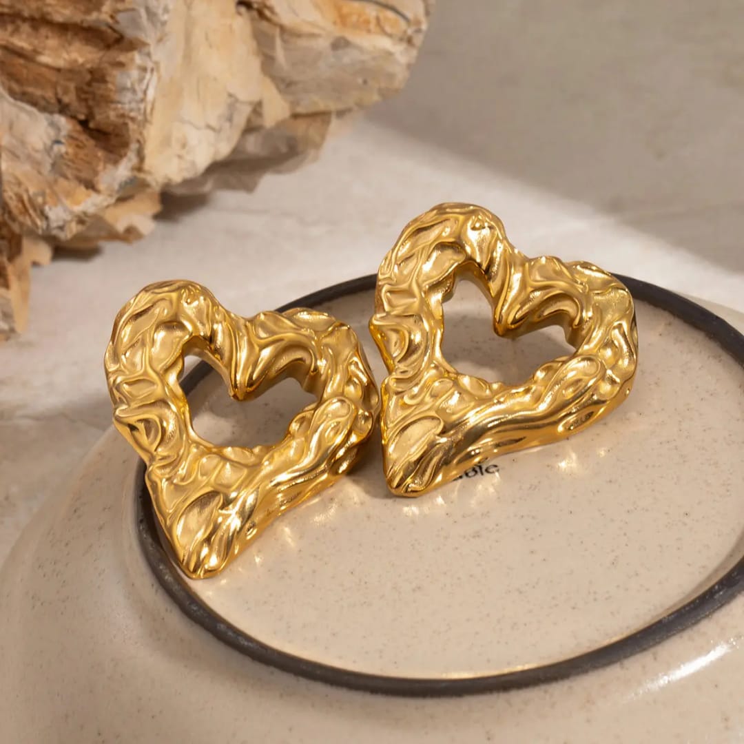 Yu Fashions Heart Melted Lava Texture Geometrical Water Resistant Golden High Fashion Korean Statement Earring