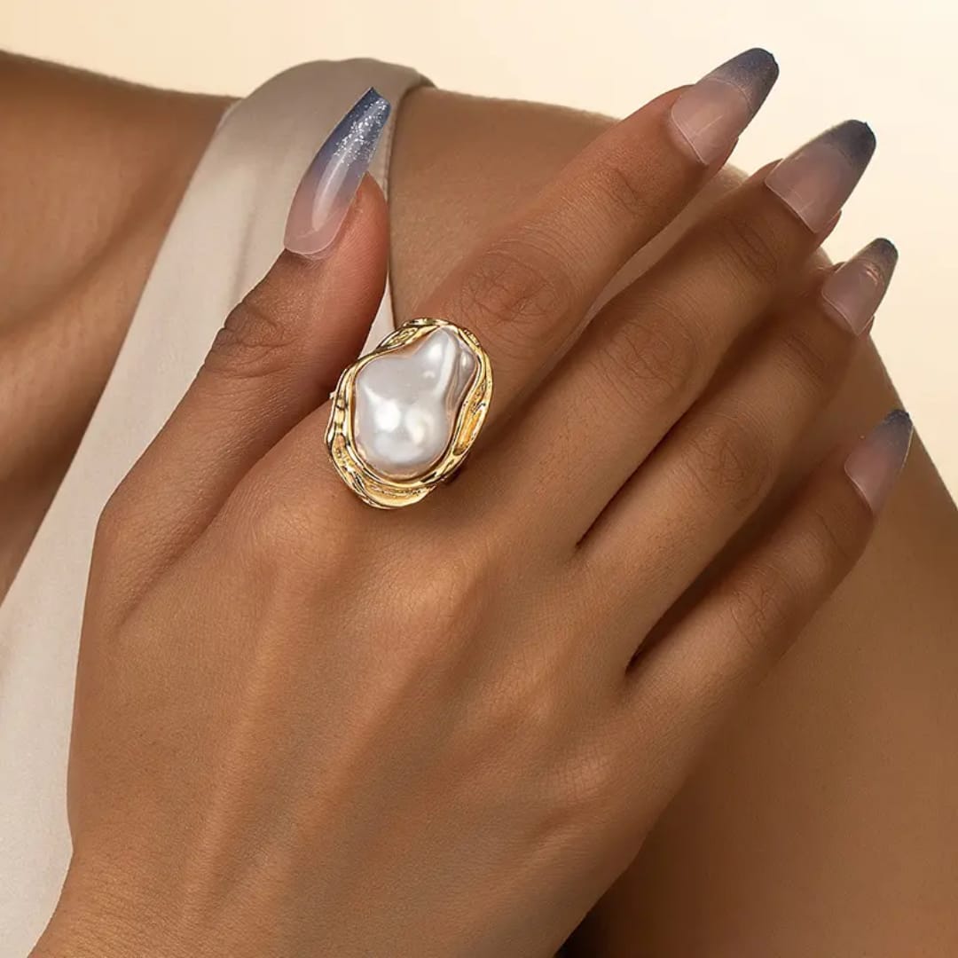 Yu Fashions Big Melted Irregular Twisted Geometric Boho Adjustable Metallic Pearl Vintage Classy Korean Ring