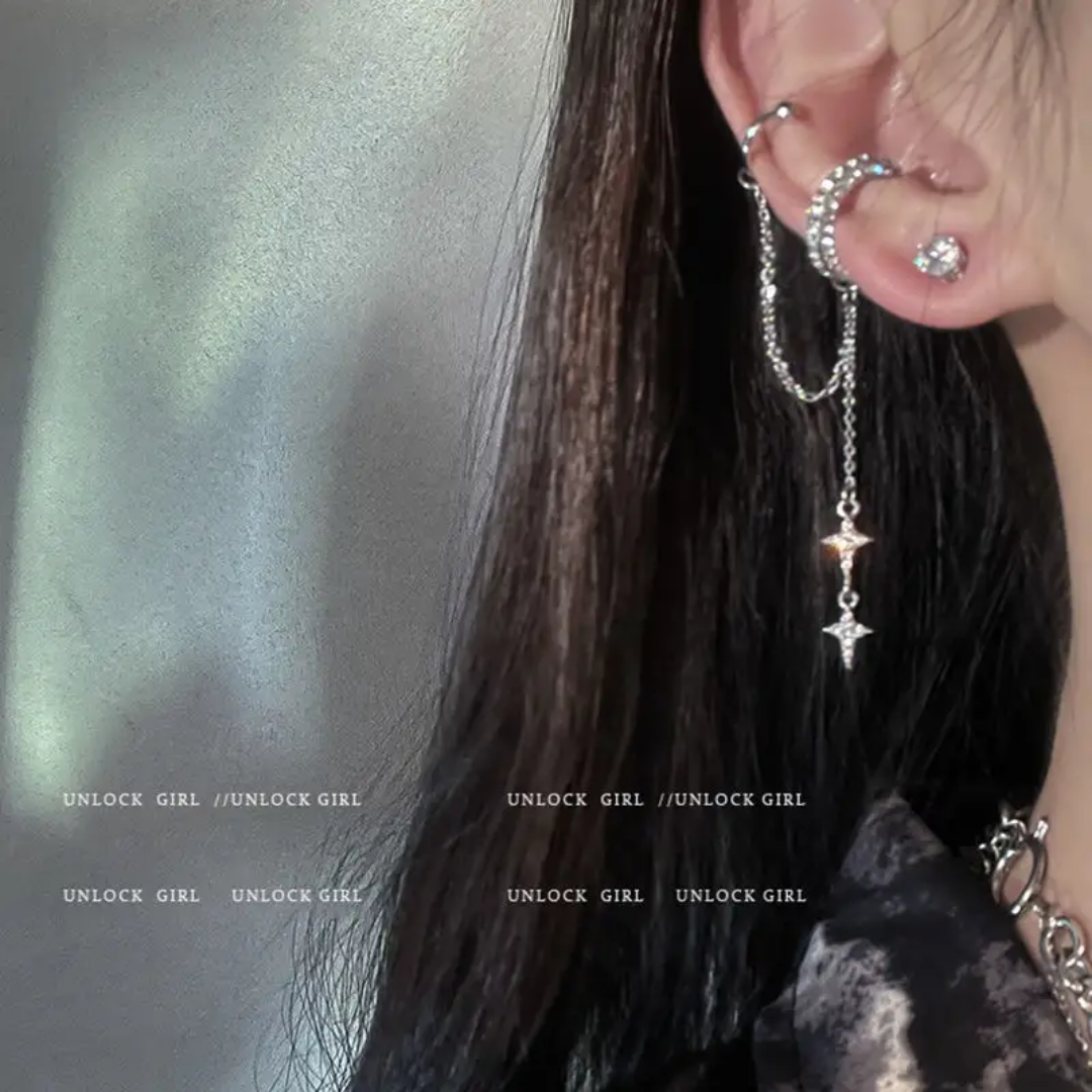 Yu Fashions Single Pc Star Moon Drop Korean Punk High Fashion EarHook Ear Crawler Earring