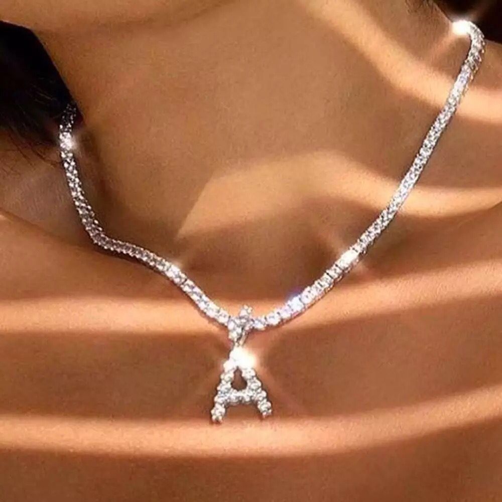 Yu Fashions Rhinestone Alphabet Name Initial Pendent Necklace Tennis Chain