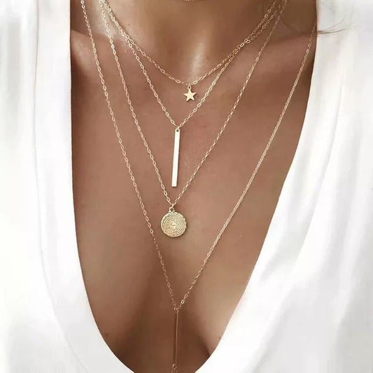 Yu Fashions Bar Coin 4 Layered Multilayered Necklace Chain