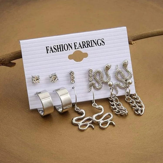 Stylish Silver Animal Snake Stud Chain Earrngs Set of 6 Pairs For Women