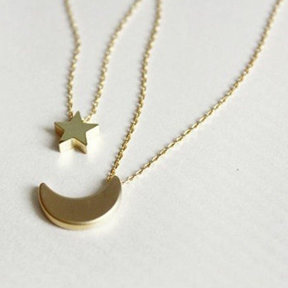 Yu Fashions Moon & Star Minimal Pendent 2 layered Necklace Chain