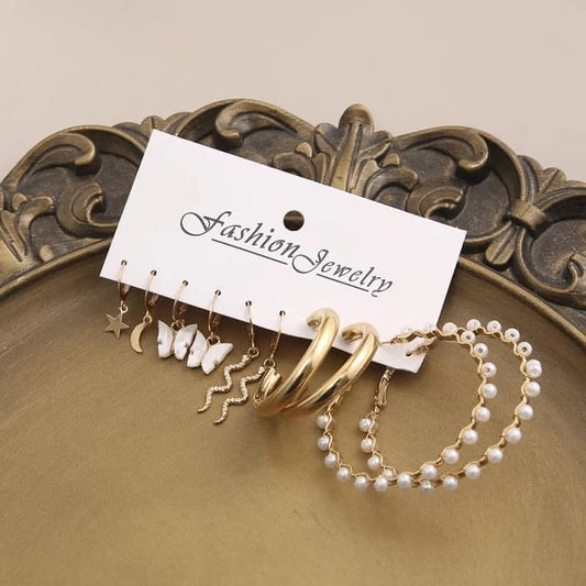 Stylish Star Moon Butterfly Golden Snake Hoop Earrings Set of 5 Pairs For Women