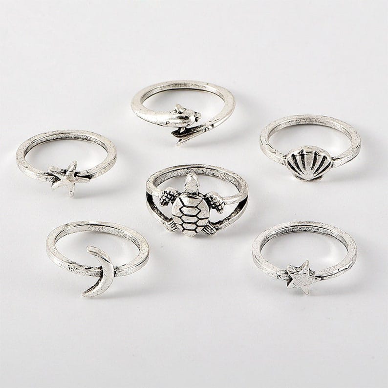 Yu Fashions Cute Beach, Dolphin, Turtle, Moon Star, Starfish Ring Set of 6