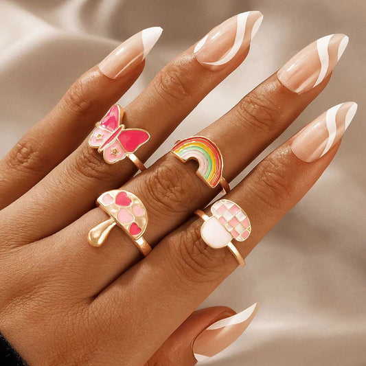 Yu Fashions Rainbow Butterfly Mushroom Butterfly Candy Pink Color Ring Set of 4