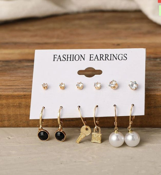 Stylish Pearl Lock amp; Key Rhinstone Earrings Set of 6 Pairs For Women