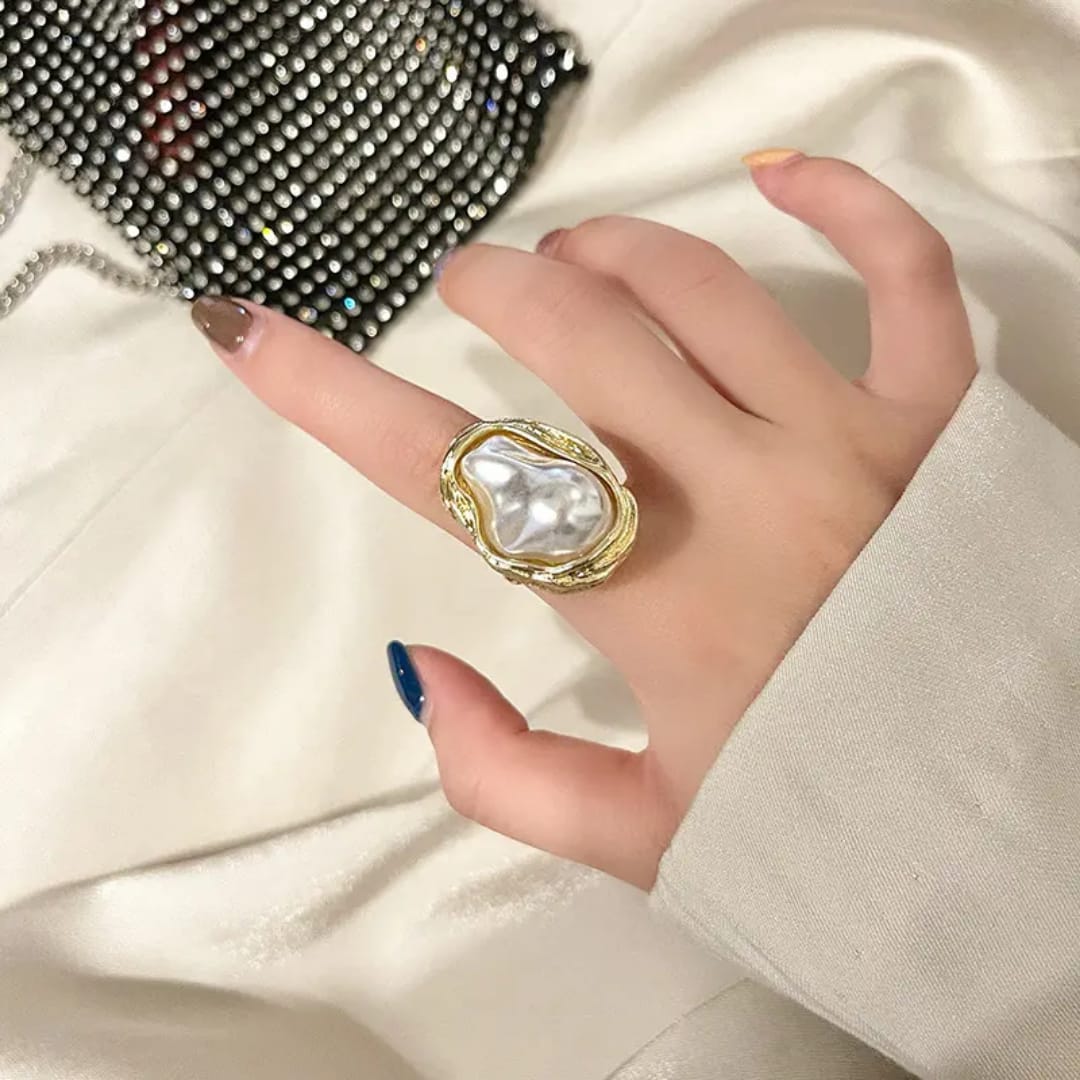 Yu Fashions Big Melted Irregular Twisted Geometric Boho Adjustable Metallic Pearl Vintage Classy Korean Ring