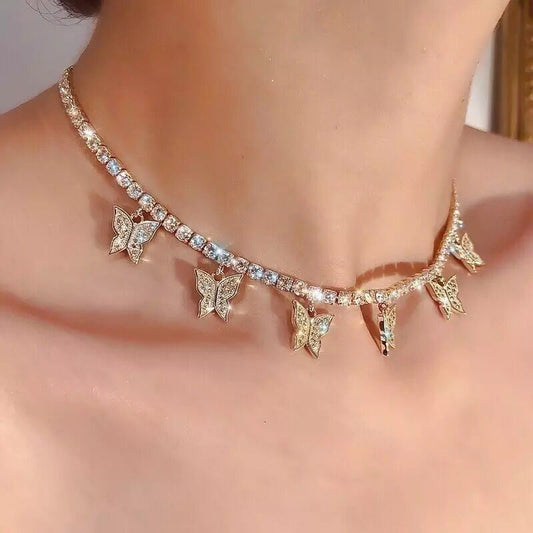 Yu Fashions Butterfly Rhinestone Charm Korean Necklace