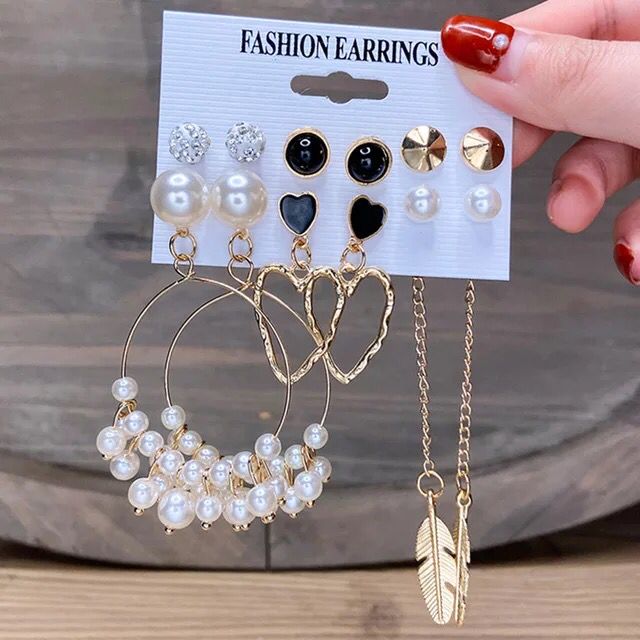 Stylish Paerl Hoop Heart golden Leaf Tassel Stud Earrings Set of 6 Pairs For Women
