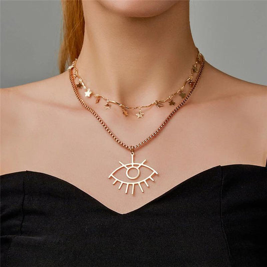 Yu Fashions Golden Big Evil Demon Devil Eye Star Charms 2 layered Necklace Chain
