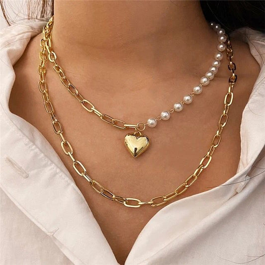 Yu Fashions Half Pearl Golden Heart 2 Layered Pendent Necklace Chain