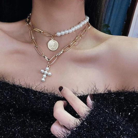 Yu Fashions Pearl Cross Pendent 2 Layered Necklace Chain
