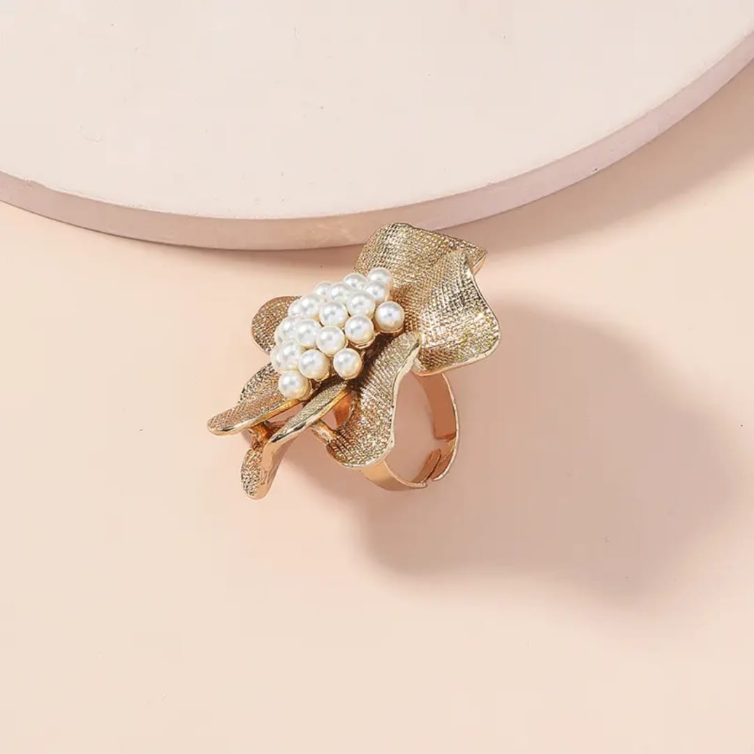 Yu Fashions Pearl Big Flower Golden Creative Vintage Open Adjustable Korean Ring