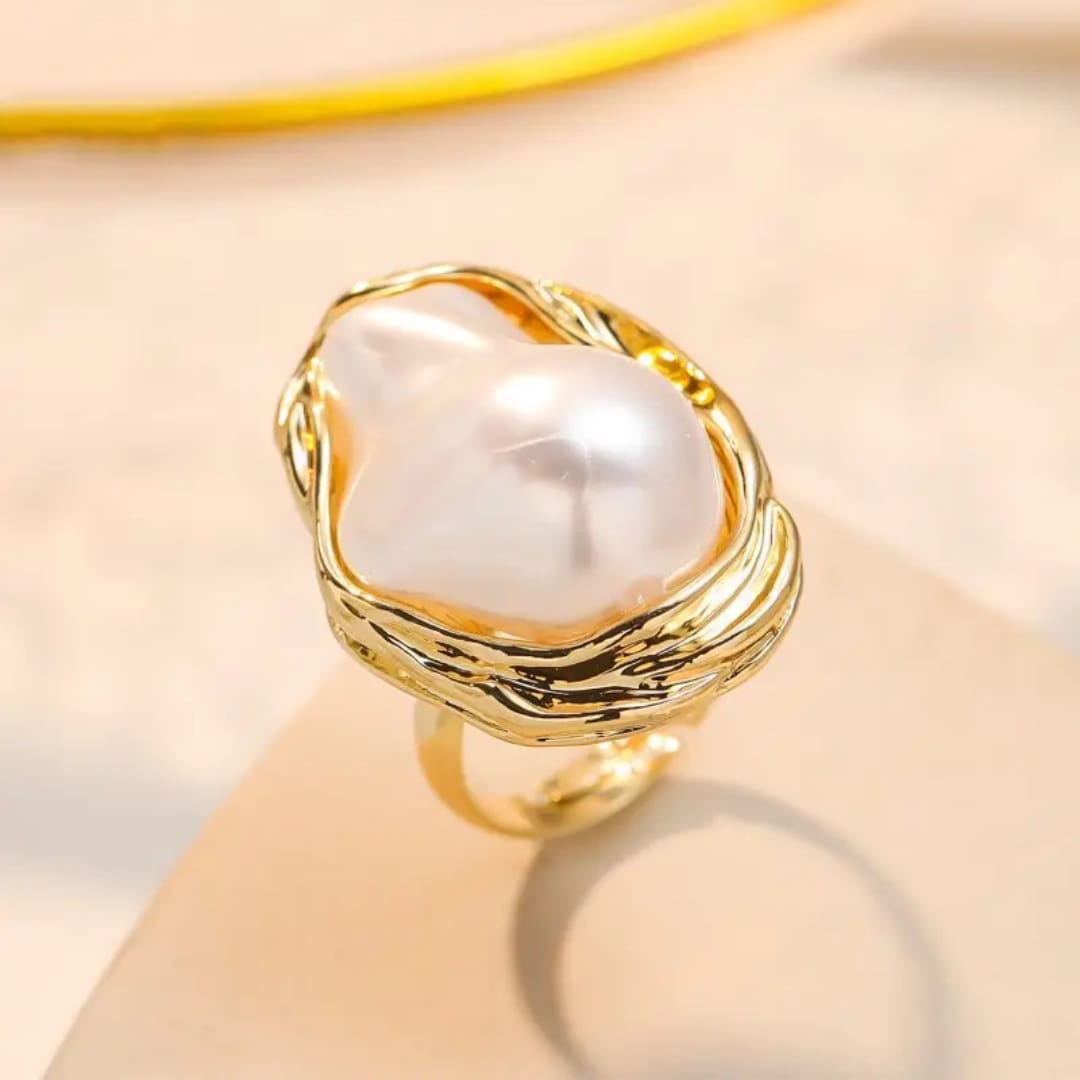 Yu Fashions Big Melted Irregular Twisted Geometric Boho Adjustable Metallic Pearl Vintage Classy Korean Ring