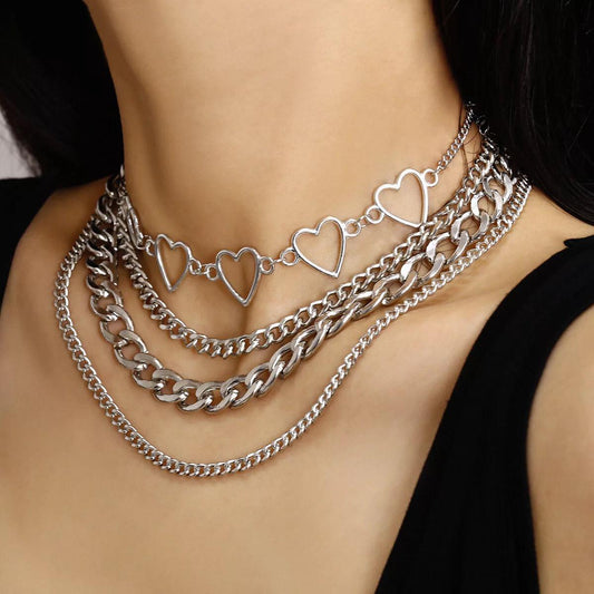 Yu Fashions 4 Layered Heart Geometrical Link Multilayered Necklace Chain