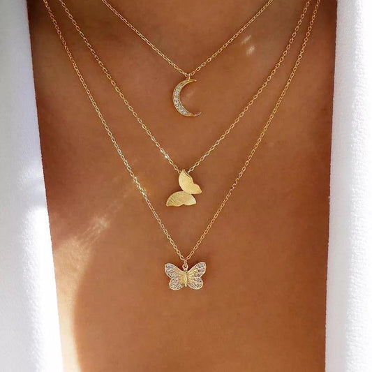 Yu Fashions 3 layered Rhinestone Moon Butterfly Multilayered Necklace Chain