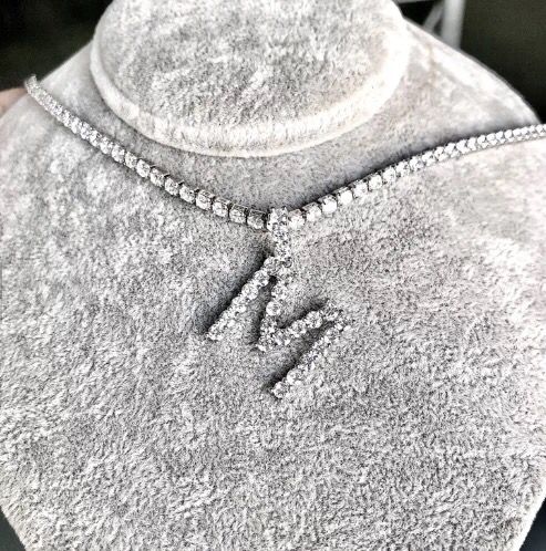 Yu Fashions Rhinestone Alphabet Name Initial Pendent Necklace Tennis Chain