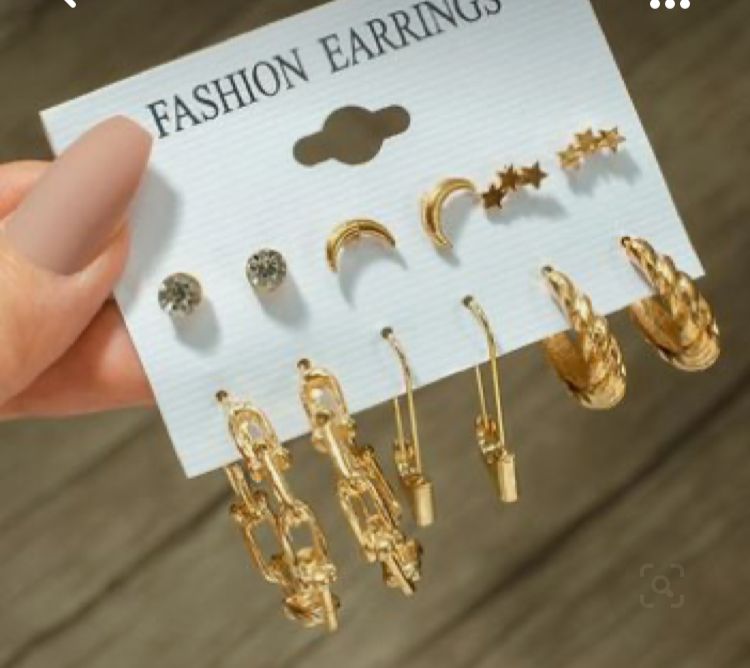 Stylish Golden Star Geometrical Safety Pin Hoop Earrings Set of 6 Pairs For Women