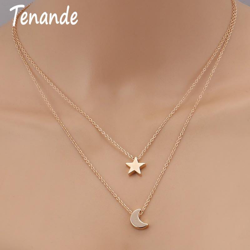 Yu Fashions Moon & Star Minimal Pendent 2 layered Necklace Chain