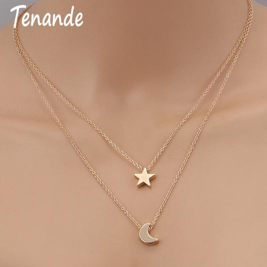 Yu Fashions Moon & Star Minimal Pendent 2 layered Necklace Chain