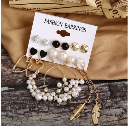 Stylish Paerl Hoop Heart golden Leaf Tassel Stud Earrings Set of 6 Pairs For Women