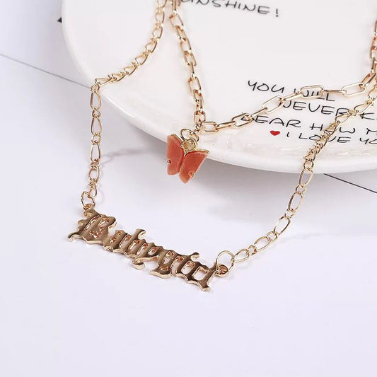 Yu Fashions 2 layered Babygirl Pink Butterfly Pendent Necklace Chain
