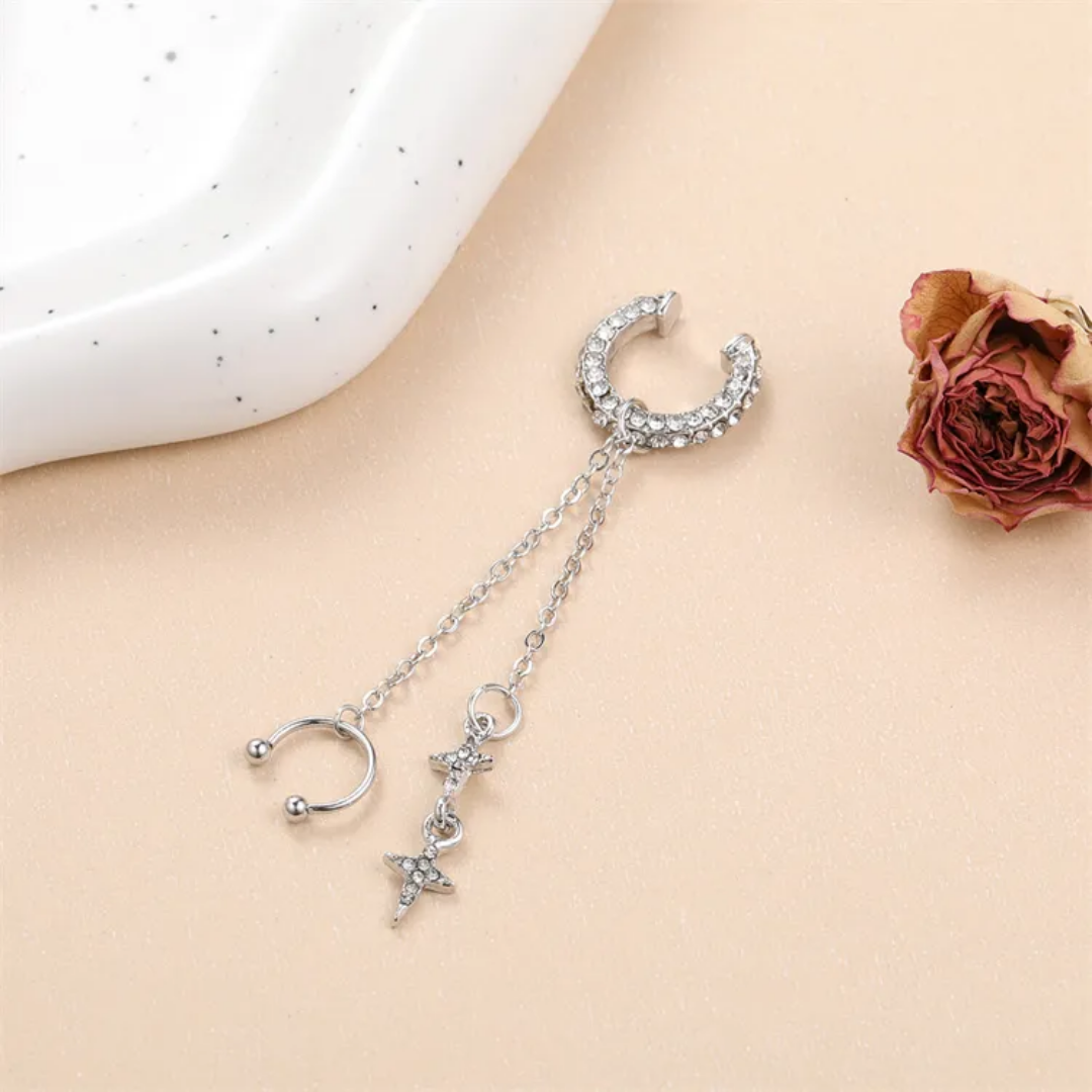 Yu Fashions Single Pc Star Moon Drop Korean Punk High Fashion EarHook Ear Crawler Earring