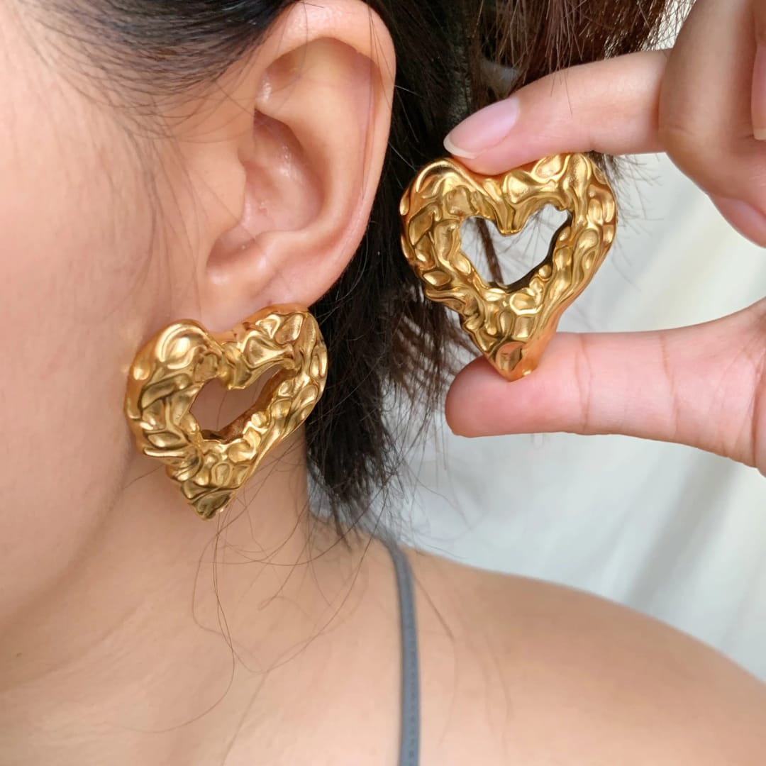 Yu Fashions Heart Melted Lava Texture Geometrical Water Resistant Golden High Fashion Korean Statement Earring