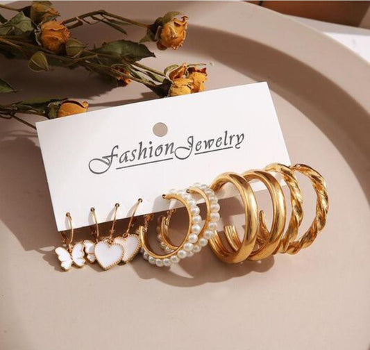 Stylish White Heart Golden Butterfly Pearl Hoop Earrings Set of 5 Pair For Women