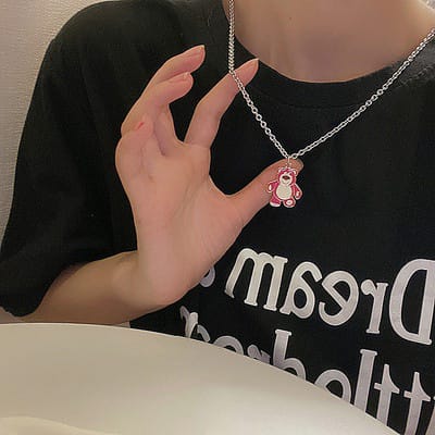 Yu Fashions Cute Pink Teddy Minimal Pendent Necklace Chain