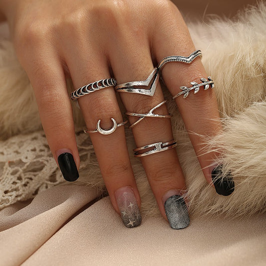 Yu Fashions Crescent Moon Silver Ring Set of 7