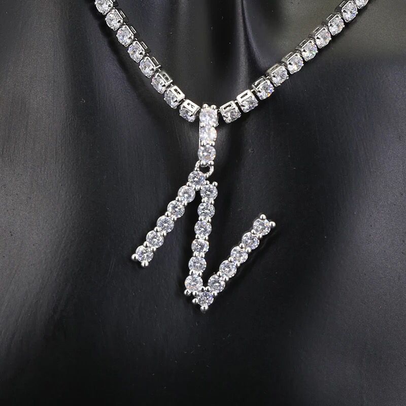 Yu Fashions Rhinestone Alphabet Name Initial Pendent Necklace Tennis Chain
