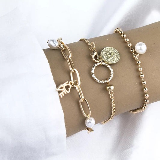 Yu Fashions 3 layered Pearl Coin LOVE Letter Multilayered Bracelet