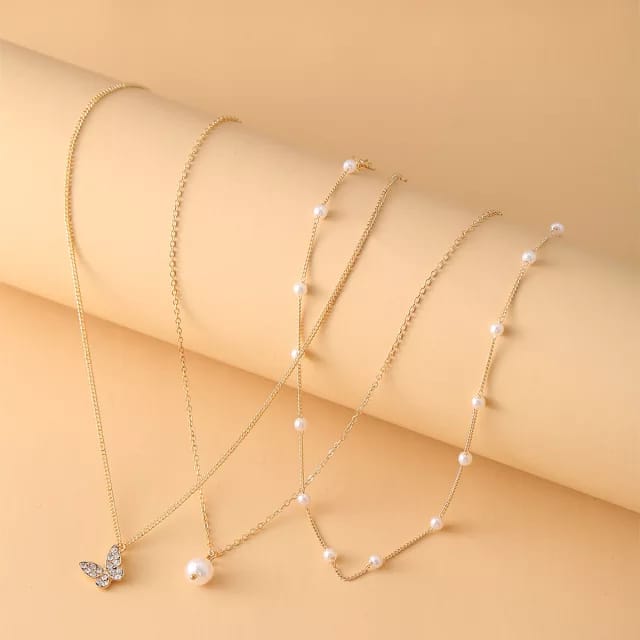 Yu Fashions Trending 3 layered Pearl Pendent Butterfly Pearl Chain Necklace
