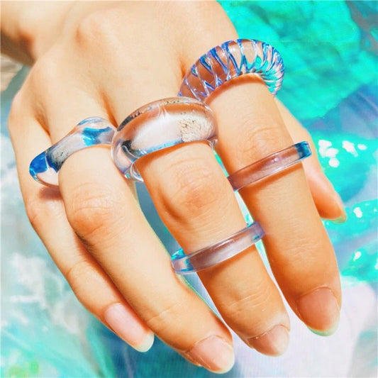 Yu Fashions Pinterest Inspired Funky Acrylic Resin Transparent Blue Clear Ring Set of 5