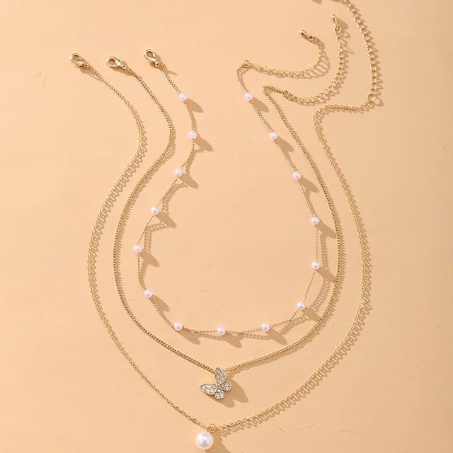 Yu Fashions Trending 3 layered Pearl Pendent Butterfly Pearl Chain Necklace