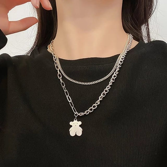 Yu Fashions 2 layered Silver Teddy Pendent Necklace Chain