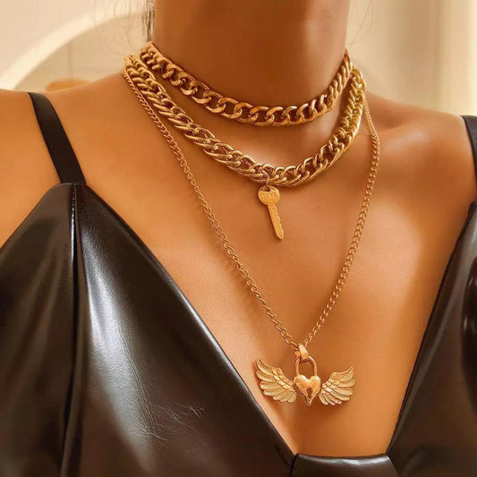Yu Fashions 3 layered Lock Garud Eagle Bird Multilayered Necklace Chain
