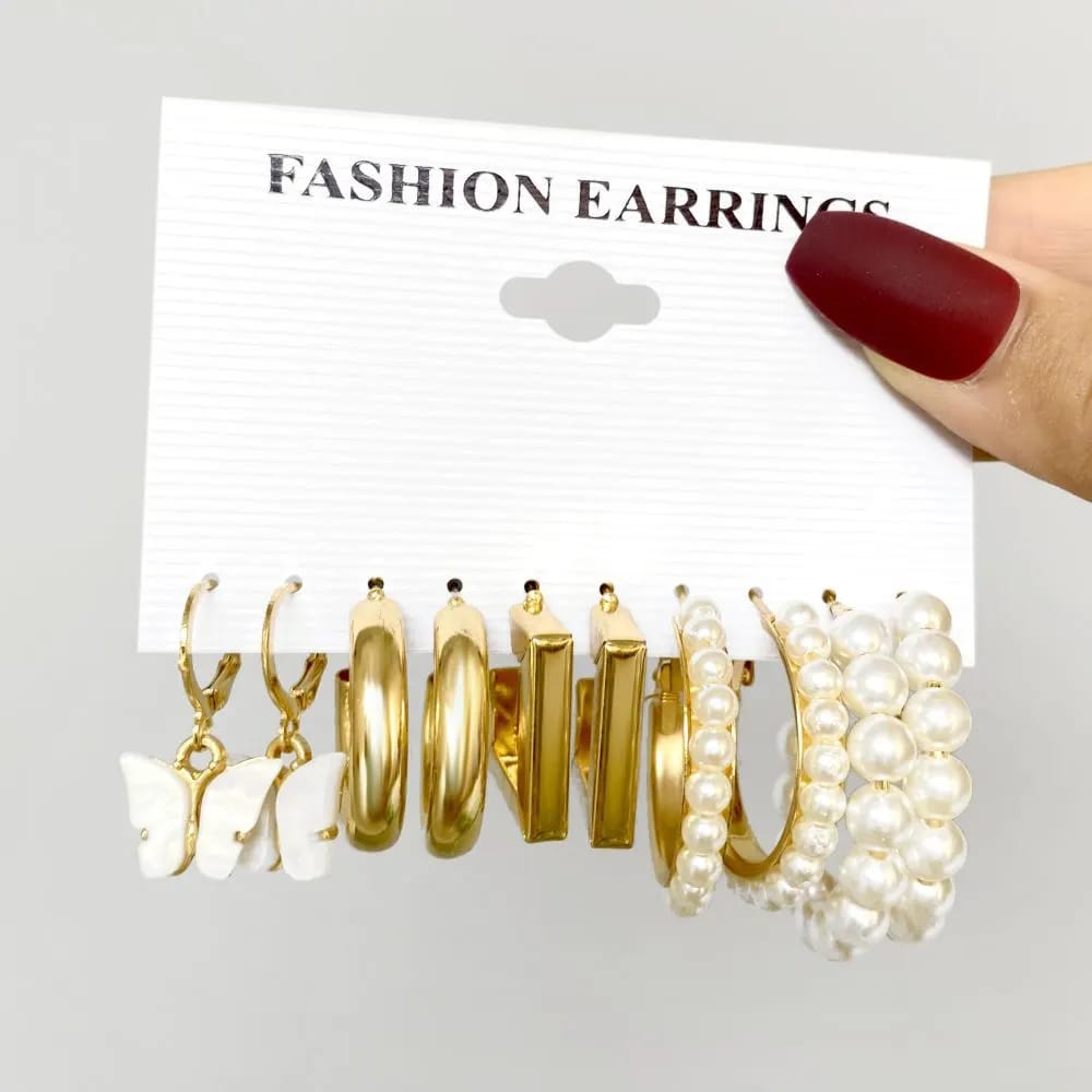 Yu Fashions White Pearl Square Korean Earrings Pair of 5