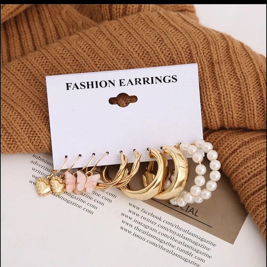 Stylish Trendy Cute Butterfly Golden Heart Pearl Hoop Earrings Set of 5 Pairs For Women
