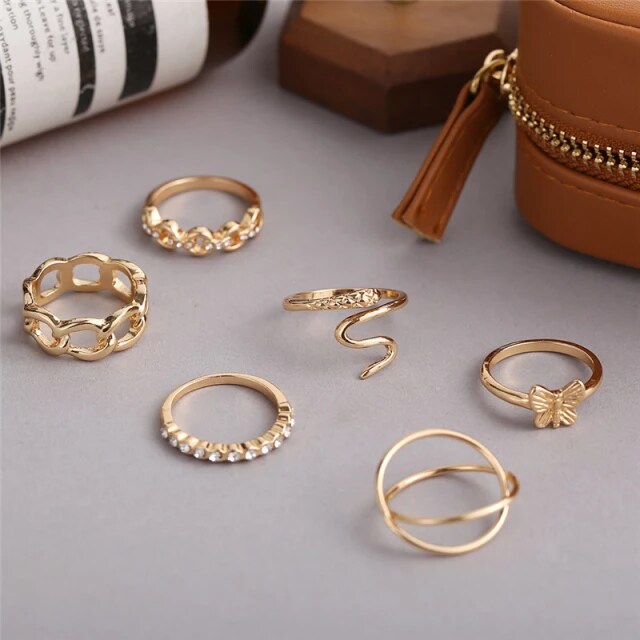 Yu Fashions Golden Snake High Fashion Korean Ring Set of 6