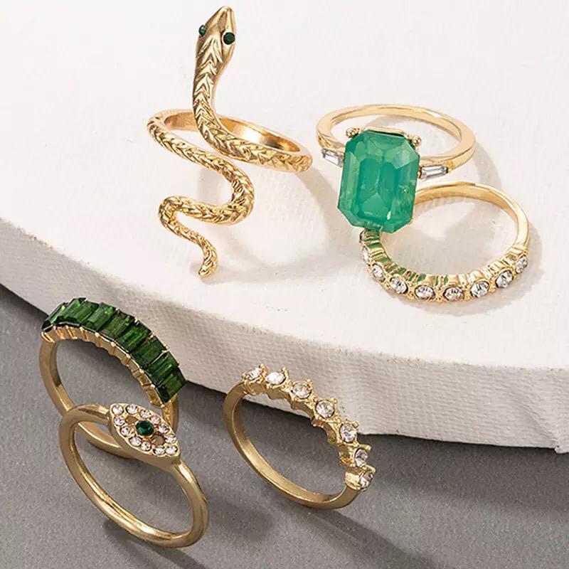 Yu Fashions Green Emerald Stones Snake animal Evil Eye Ring Set of 6