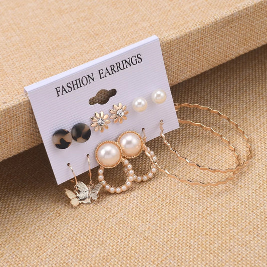 Yu Fashions Butterfly Golden Hoop Cute Pearl Acrylic Korean Earrings Pair of 6