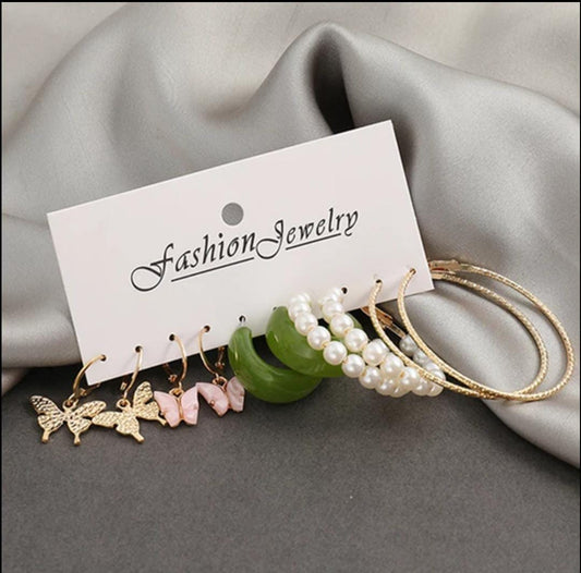 Stylish Trendy Cute Butterfly Green Golden Pearl Hoop Earrings Set of 5 Pairs For Women